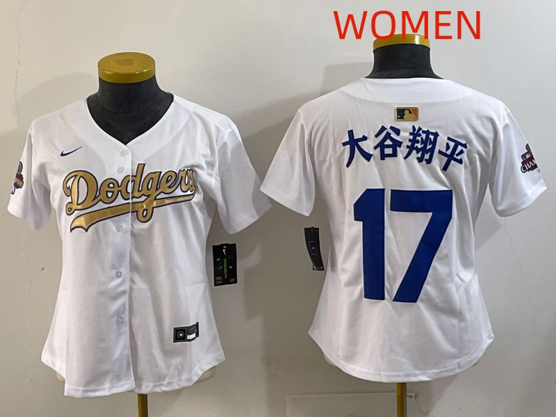 Women Los Angeles Dodgers #17 Ohtani White Champion edition Nike MLB Jersey style 001->women mlb jersey->Women Jersey